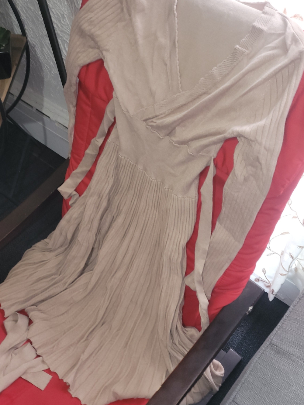 Long-Sleeve Pleated Midi Dress in Beige - Women's